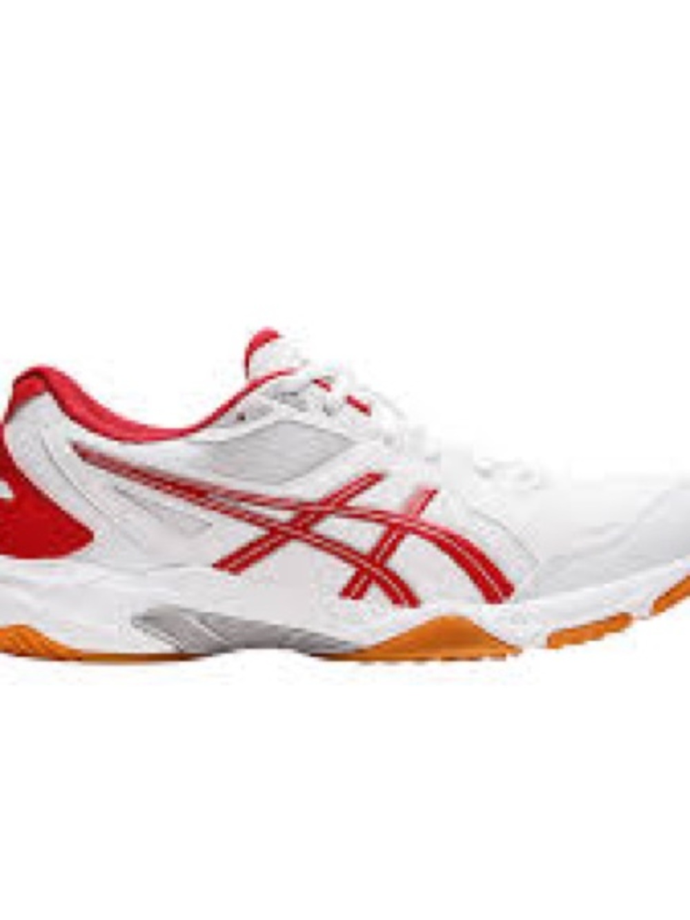 Asics Gel Pickle Ball shoes with Red Logos and Orange Sole and protective glass